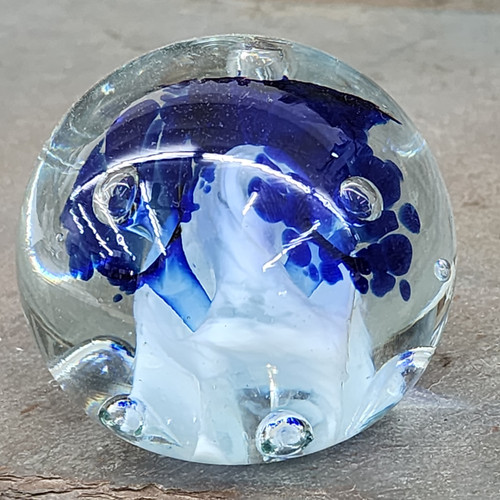 Vintage Handmade Art Glass Paperweight Cobalt Blue Flowers Controlled Bubbles