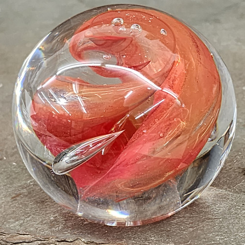 Vintage Signed Art Glass Paperweight Clear Ball Swirled Orange & Bubbles