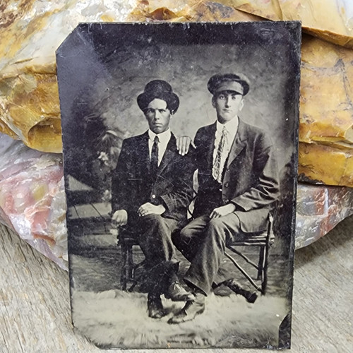 Antique Victorian Tintype Photograph 2 Affectionate Men Together in Hats Photo