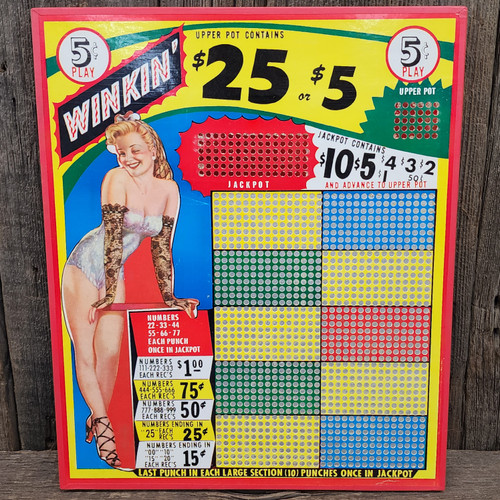 Vintage NOS Unused Winkin' 5 Cent Pin-Up Punch Board Gambling Girl Winking Pinup