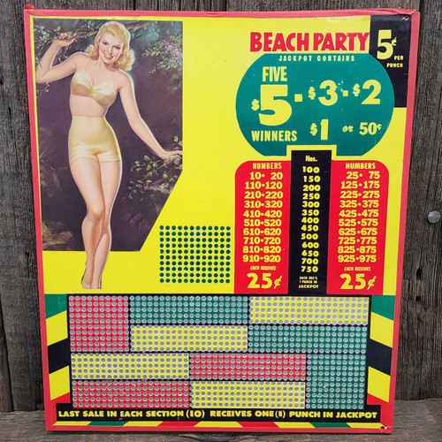 Vintage NOS Unused Beach Party 5 Cent Pin-Up Punch Board Gambling Bikini Pinup