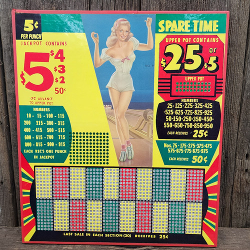 Vintage NOS Unused Spare Time 5 Cent Pin-Up Punch Board Gambling Bowling Pinup