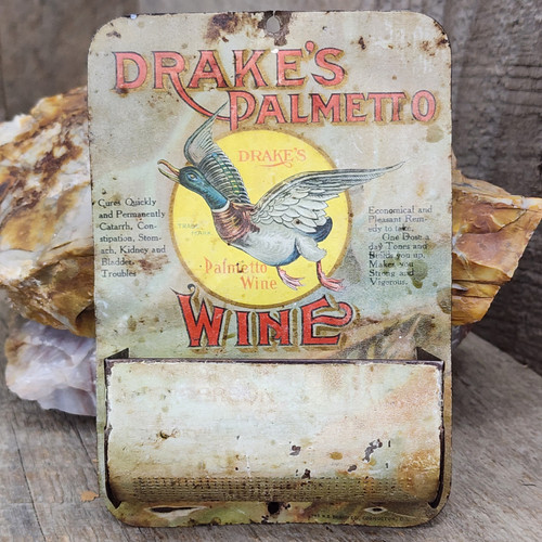 Antique Drake's Palmetto Wine Tin Litho Advertising Wall Match Holder Safe Duck