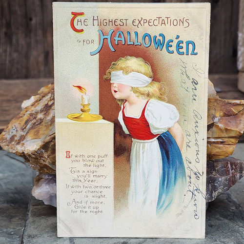 Antique Ellen Clapsaddle Highest Expectations Halloween Blindfold Girl Postcard