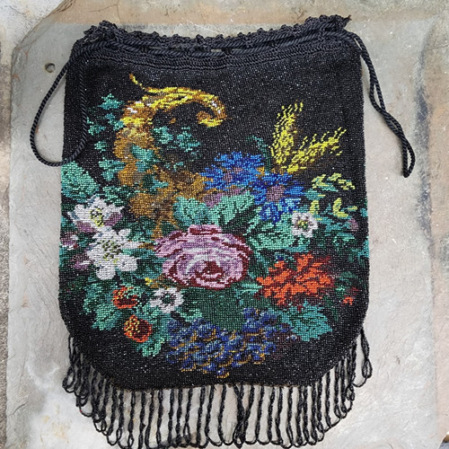 Antique Handmade Micro Beaded Purse Double Sided Floral Bouquet Rose Flowers