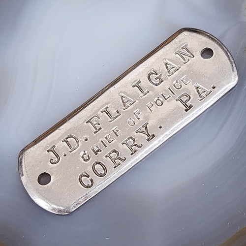 Vintage J.D. Flaigan Chief of Police Corry, PA Brass Plaque Badge Tag