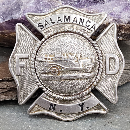Obsolete Vintage Salamanca Fire Department Hat Badge w/ Firetruck Firefighter