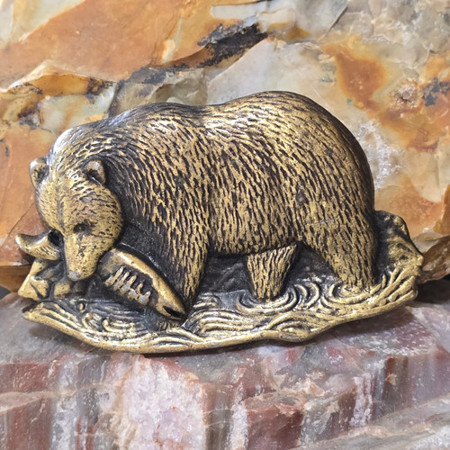 Vintage Brass Tone Grizzly Bear Eating Salmon Fish Wildlife Themed Belt Buckle