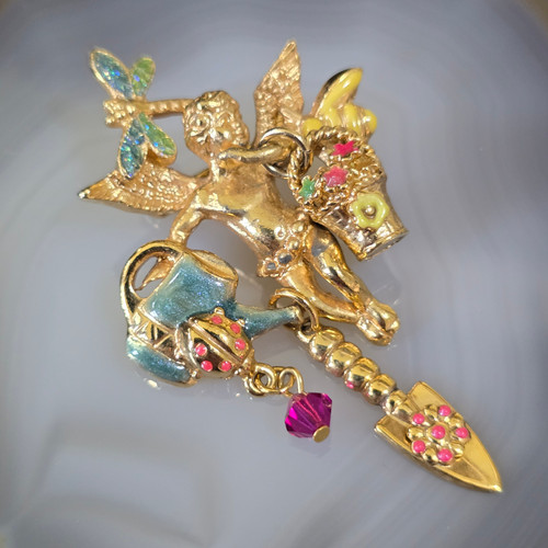 Vintage Kirks Folly Enameled Gold Tone Garden Angel Cherub Brooch Dragonfly Pin