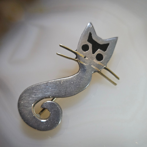 Vintage Sterling Silver Modernist Kitty Cat w/ Brass Whiskers Pin Taxco Brooch