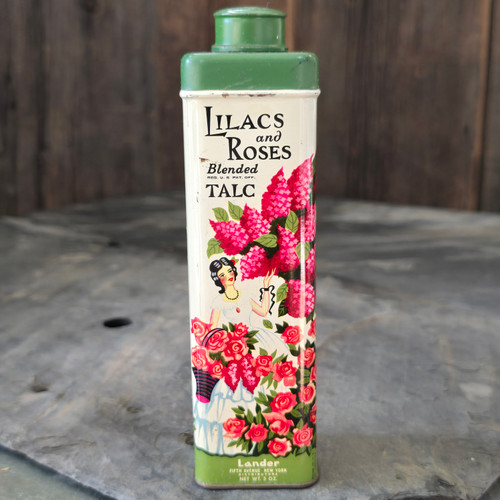 Vintage Lander Lilac and Roses Blended Talc Powder Advertising Tin w/ Contents