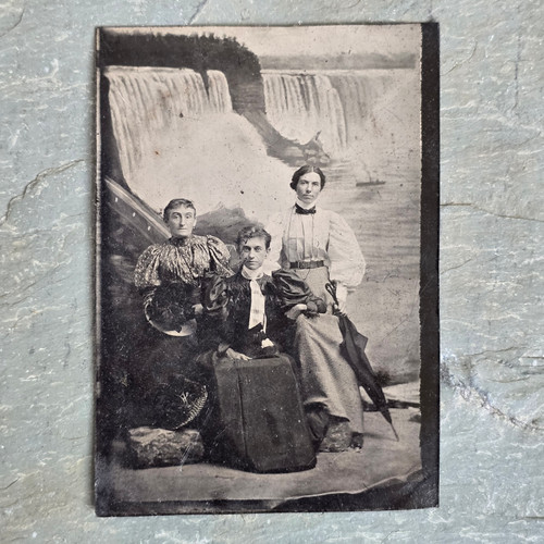 Antique Tintype Photograph Three Women Niagara Falls Waterfall Backdrop Photo