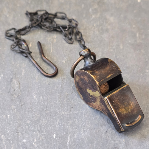 Large Old Vintage Heavy Brass Whistle Military Police Loud with Original Chain