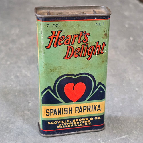 Heart's Delight Spanish Paprika Antique Advertising Spice Tin Can Wellsville, NY