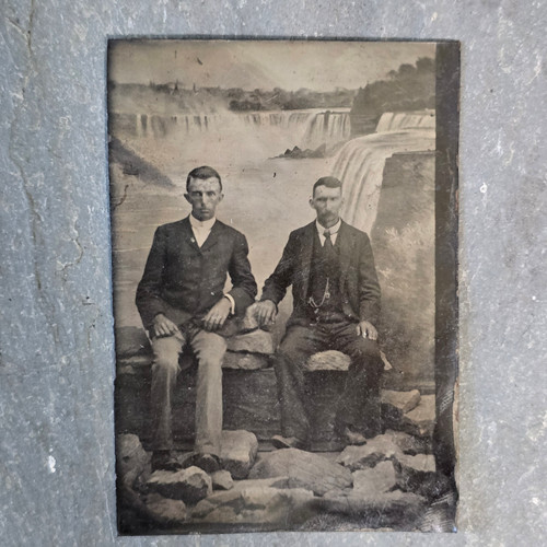 Antique Tintype Photograph Men on Rocks Niagara Falls Waterfall Backdrop Photo