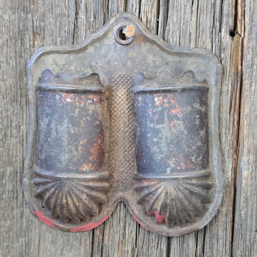 Antique Victorian Tin Double Cup Primitive Wall Mount Match Holder Match Safe