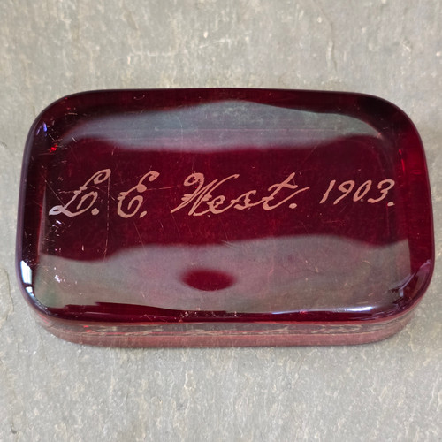 1903 Antique Personalized L.E. West Ruby Red Flash Glass Paperweight
