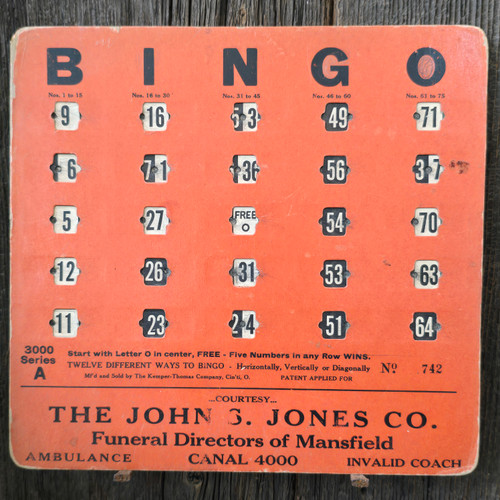 John S. Jones Co. Funeral Director Advertising Vintage Bingo Card Finger Tabs