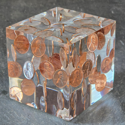 Pristine Lucite Paperweight Acrylic Cube 1969 Uncirculated Penny Paperweight 3"