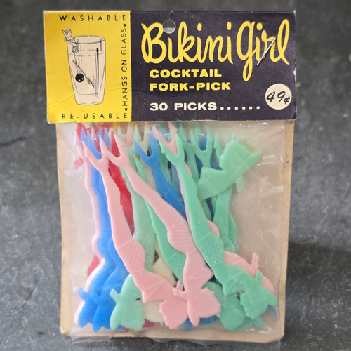 NOS Mid-Century Vintage Bikini Girl Cocktail Fork-Pick NIP Mermaid Shaped Picks