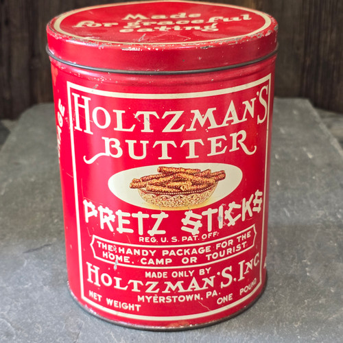 Holtzman's Butter Pretz Sticks Antique Pretzel Advertising Tin Can Myerstown, PA