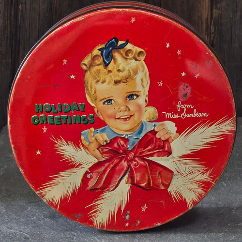 Vintage Holiday Greetings from Miss Sunbeam Christmas Bread Advertising Tin Box
