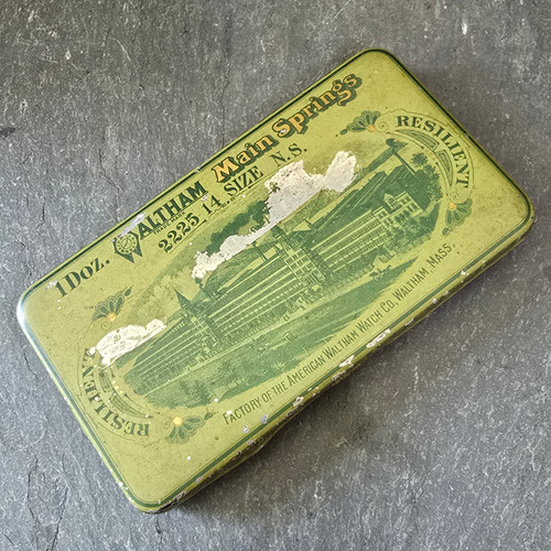 Waltham Main Springs Antique Watch Parts Advertising Tin Box 1888 Patent Factory