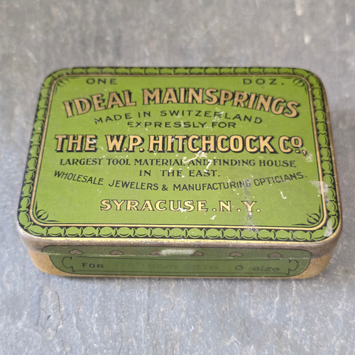W.P. Hitchcock Co. Mainsprings Antique Advertising Tin Watch Parts Box Syracuse