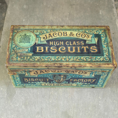 Jacob & Co. High Class Biscuits Antique Cookie Advertising Tin Box Liverpool