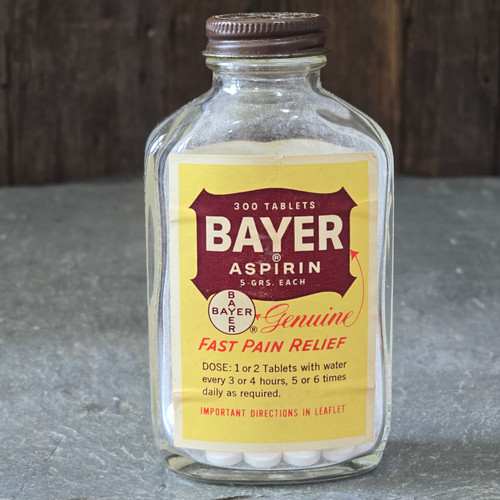 Bayer Aspirin Vintage Mid-Century Era Glass Pill Tablet Bottle Contents Medicine
