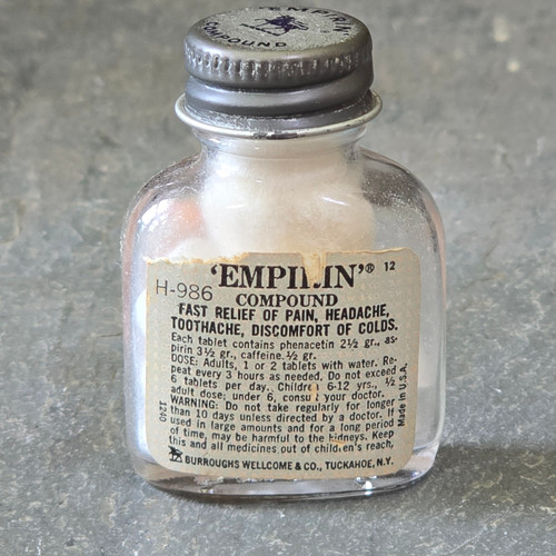 Vintage Small Empirin Compound Glass Pill Bottle Painkiller Tablets Medicine
