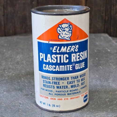 Borden Elmer's Plastic Resin Cascamite Glue Advertising Tin Can w/ Contents