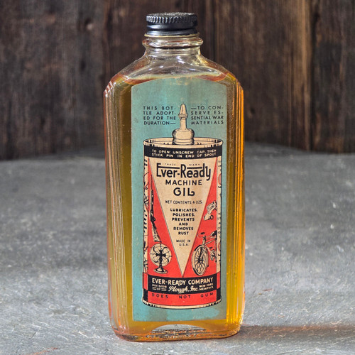 Ever-Ready Machine Oil NOS Antique Glass Lube Bottle Original Paper Label Full