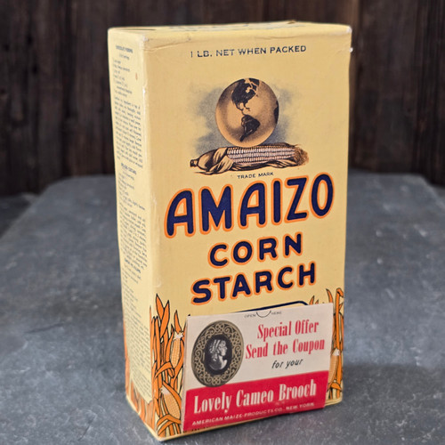 Amaizo Corn Starch NOS Sealed One Pound Advertising Box Full w/ Brooch Coupon