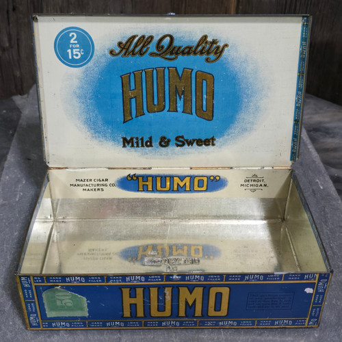 Antique Humo Tin Cigar Advertising Box Mazer Cigar Manufacturers Faux Wood Grain