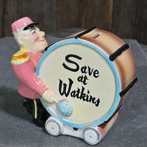 Vintage Mid-Century Save at Watkins Ceramic Napco Advertising Change Bank Drum