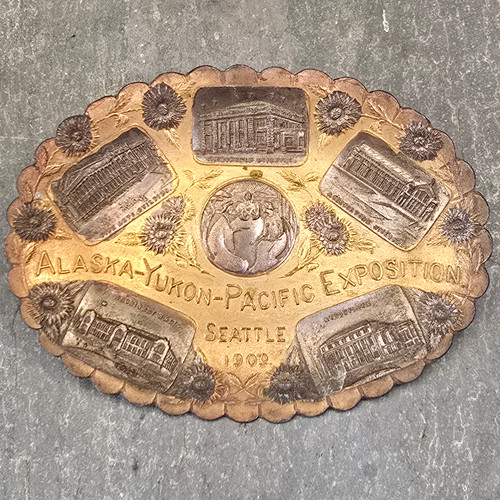 1909 Alaska Yukon Pacific Exposition Embossed Brass Tone Souvenir Trinket Dish
