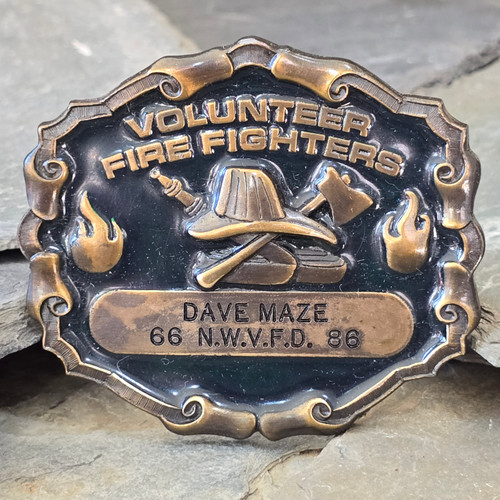 1986 Volunteer Fire Fighters Enameled Brass Tone Belt Buckle North Warren, PA