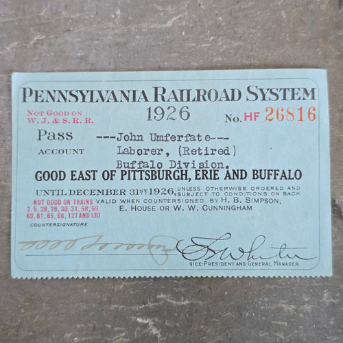 1926 The Pennsylvania Railroad Yearly Train Ticket Card Pass East of Pittsburgh