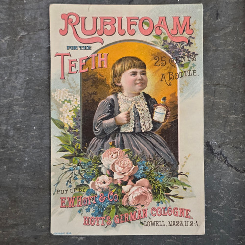 Rubifoam Toothpaste & Hoyt's German Cologne Victorian Trade Card Kid with Bottle Rubifoam Toothpaste & Hoyt's German Cologne Victorian Trade Card Kid with Bottle