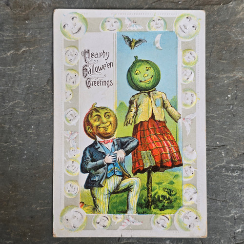 Antique Embossed German Halloween Postcard Pumpkin Head Man Courting Scarecrow