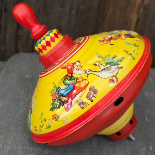 Vintage West Germany MNN Tin Litho Toy Spinning Top Garden Gnome Elf Graphics
