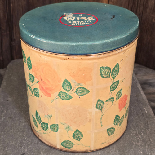1954 Vintage Wise Potato Chips Shabby Advertising Tin w/ Rose Floral Print Can