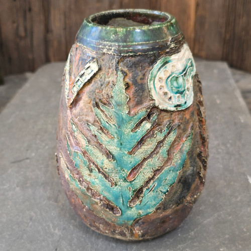 Vintage Signed Perry Davis Art Pottery Vase Fern Leaf Decorations DuBois PA