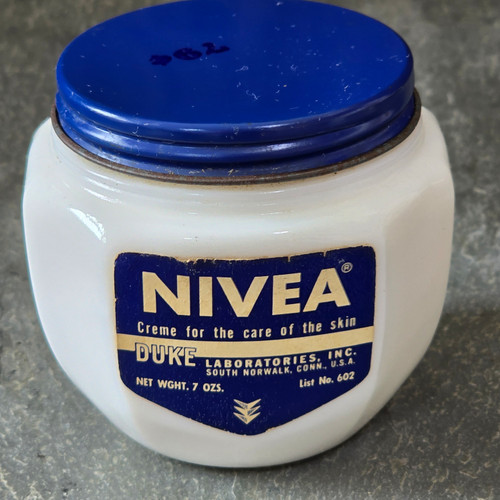 NOS Vintage Nivea Skin Cream in Milk Glass Jar Original Label Duke Laboratories