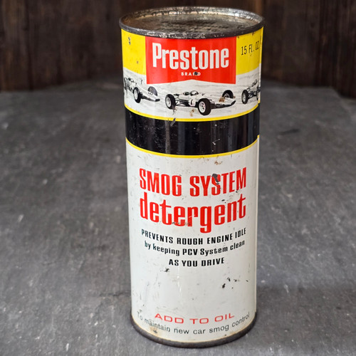 Vintage Prestone SMOG System Detergent NOS Full Advertising Tin Can Add to Oil