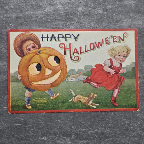1908 Antique Happy Halloween Postcard Giant Jack-O-Lantern & Dog Chasing Girl