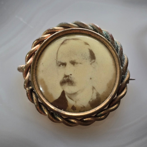 Antique Celluloid Photo Man w/ Mustache in Brass Pinback Brooch Mourning Pin