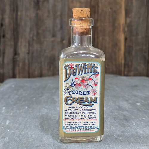 DeWitt's Toilet Cream Full Antique Cork Top Lotion Perfume Bottle Original Label