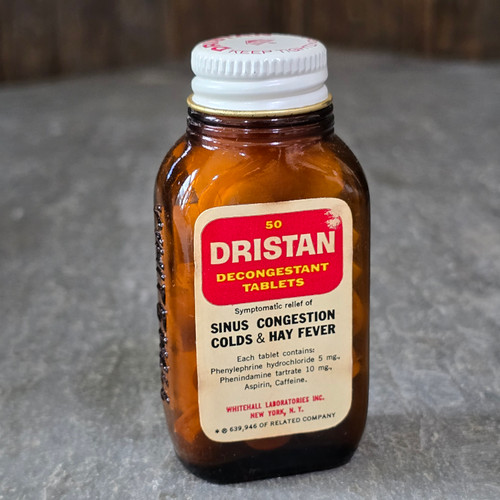 Vintage NOS Dristan Decongestant Tablets Sinus Cold Pills Medicine Bottle Full